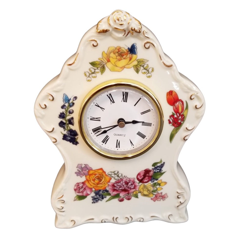 Collection Porcelain Avon Clock Romantic Flowers Gold accents 2002
